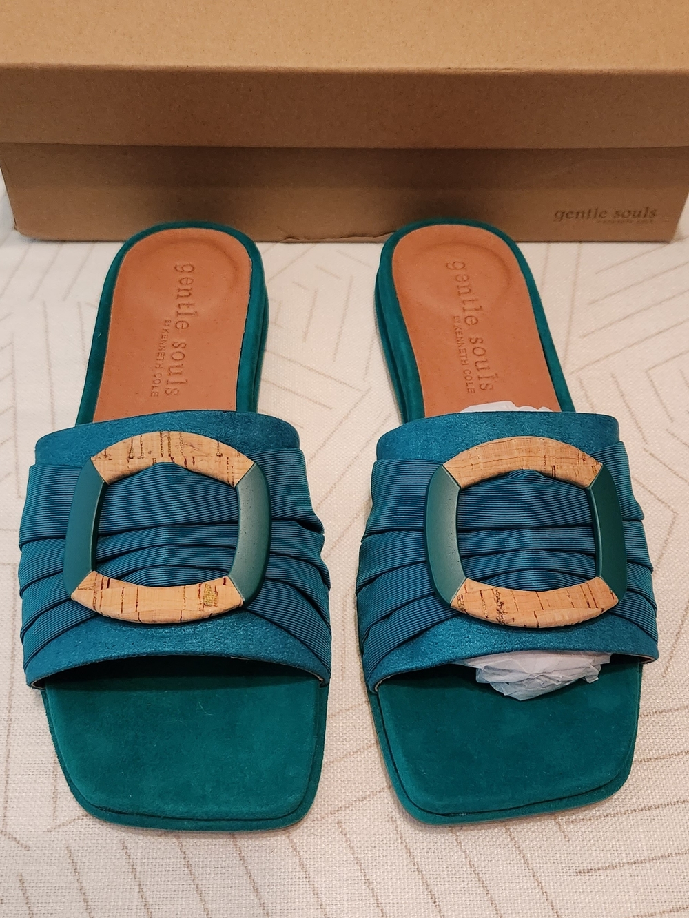 Gentle Souls Emerald Green Slide Sandals with Cork-Accent Buckle